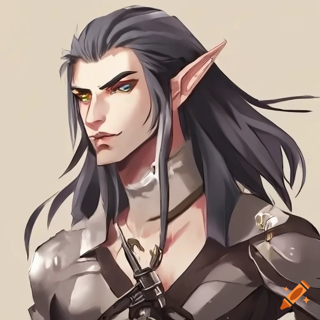 Anime_dhampir_half_elf_man_with_dark_grey_hair_stubble_beard_and_grey ...