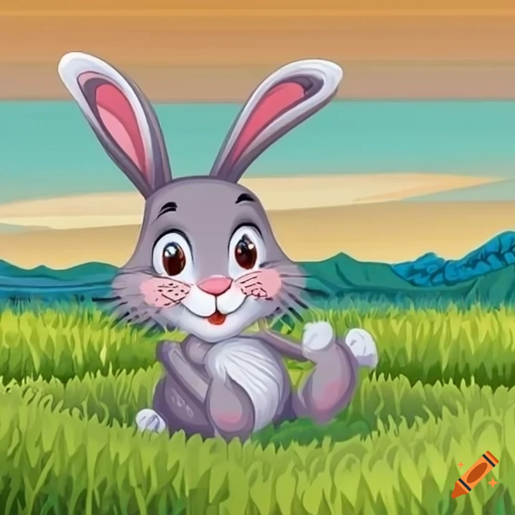 Ein fröhlicher cartoon-hase, der in einem feld mit karotten spielt on ...