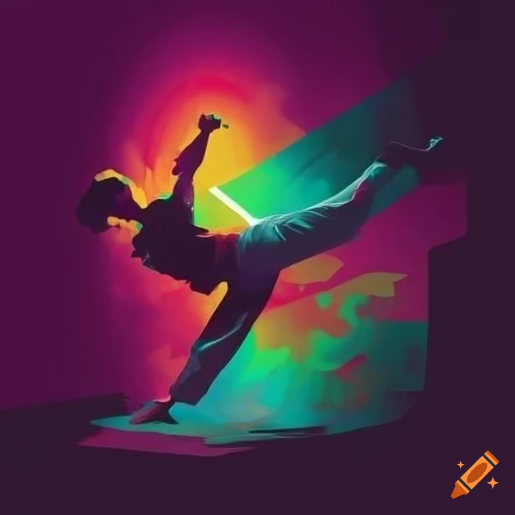 A skilled breakdancer showcasing impressive moves with vibrant style ,  minimalistic, reduced colors , as t-shirt motive on Craiyon