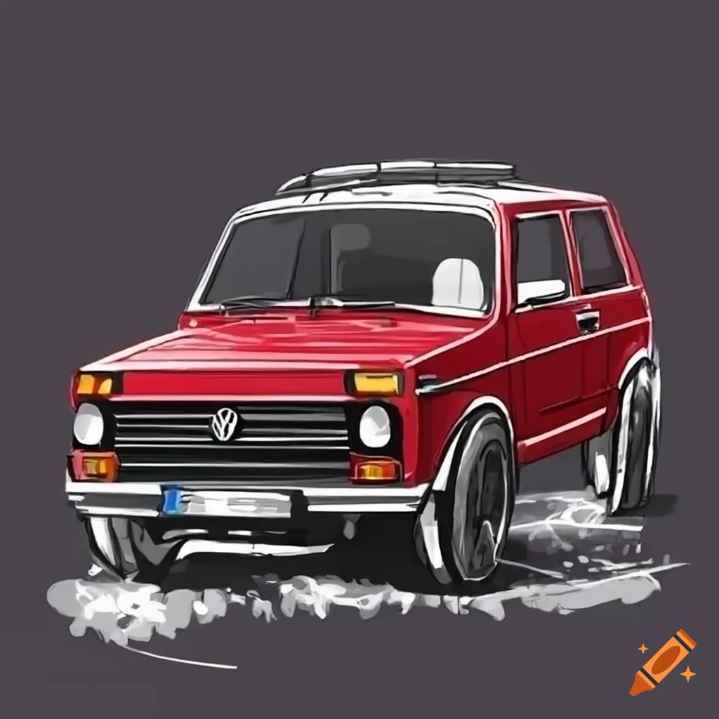 Draw a red vw golf 2 with a green lada niva in the background on Craiyon