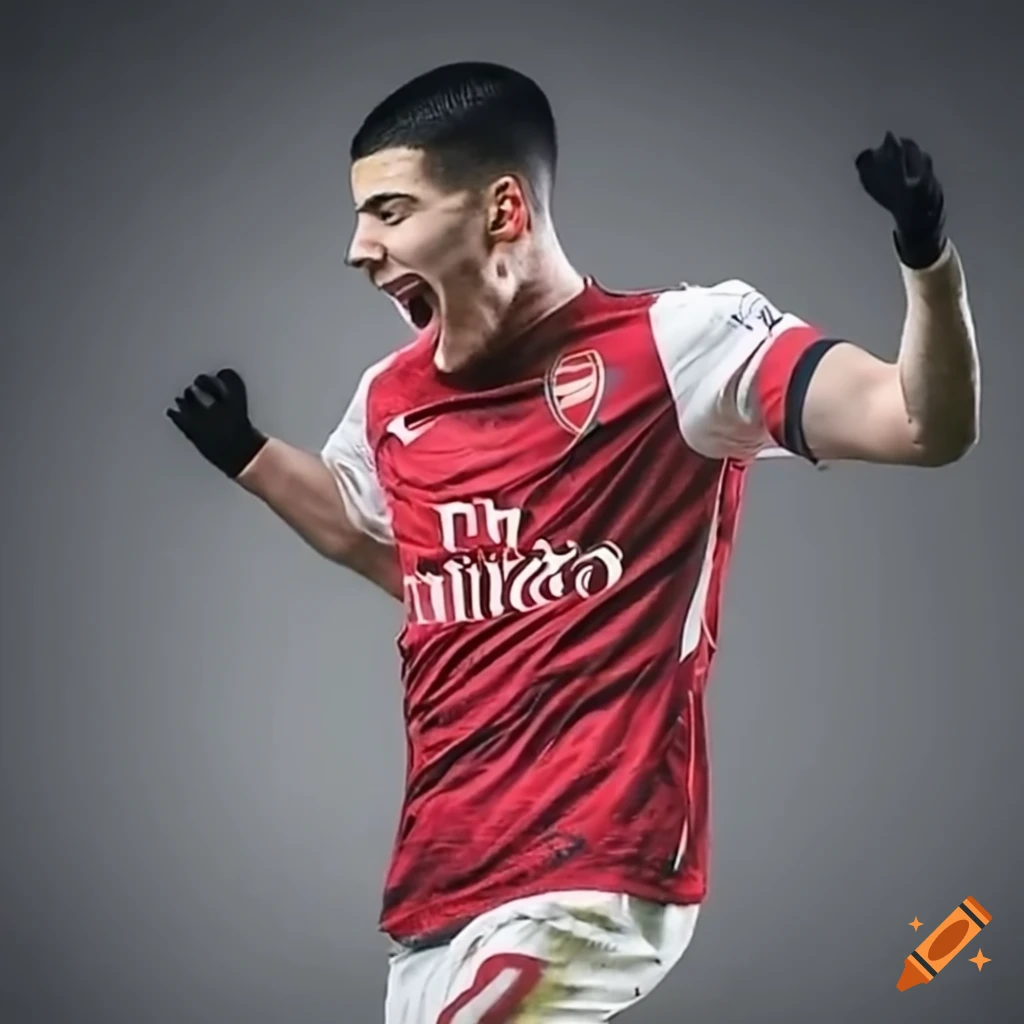 Footballer for arsenal with short black hair celebrating a goal
