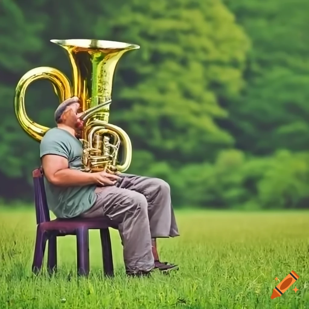 Big man sitting on a chair playing a tuba in a big green field on
