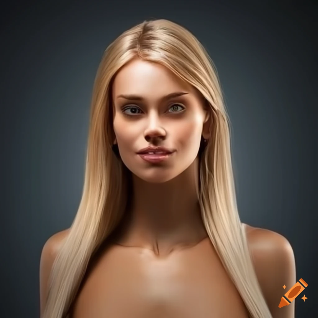 Dark tan tall blonde woman in tan skin tight body suit pose smile face on  Craiyon