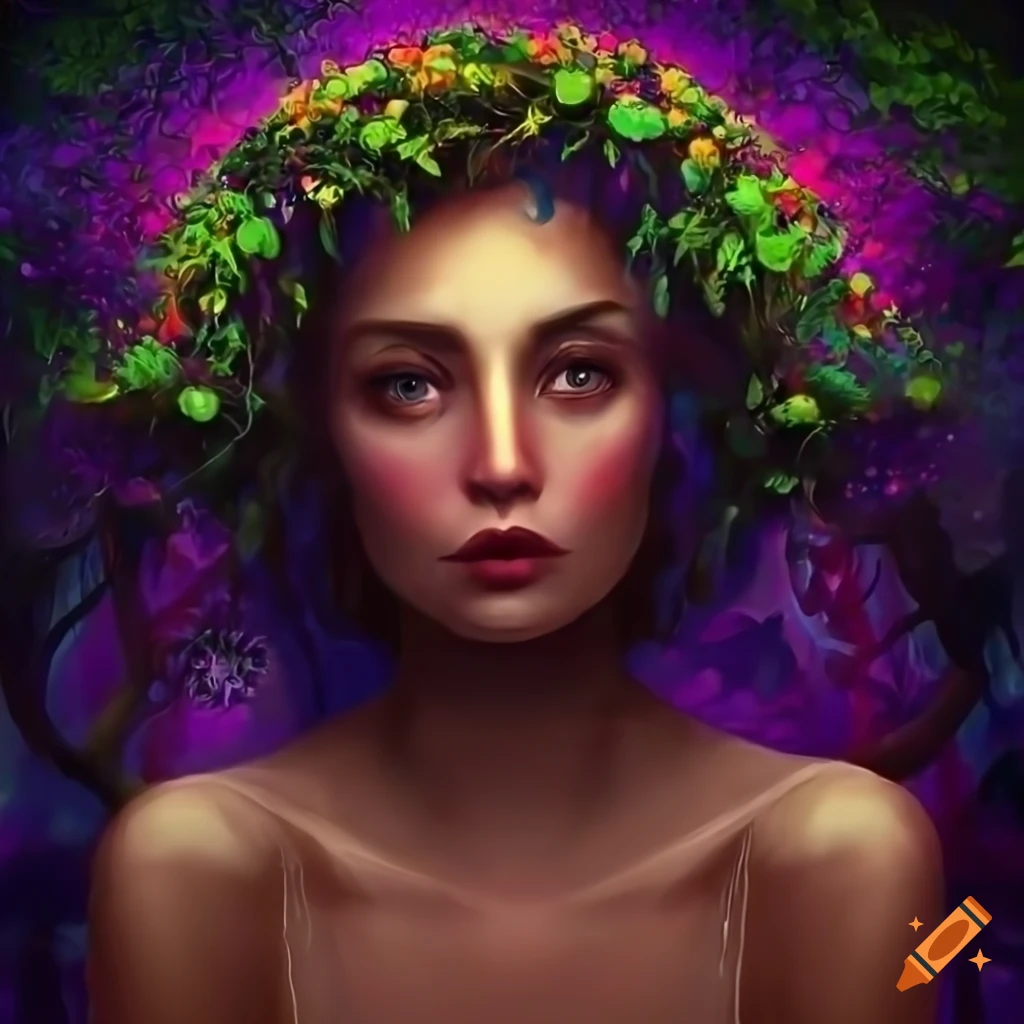 A beautiful women surrounded by trees and flora, colorful and dark, 8k