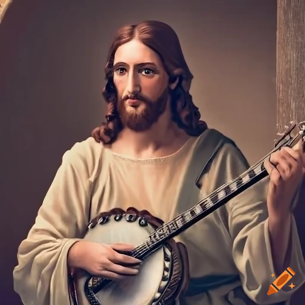 Jesus christ playing the banjo on a porch