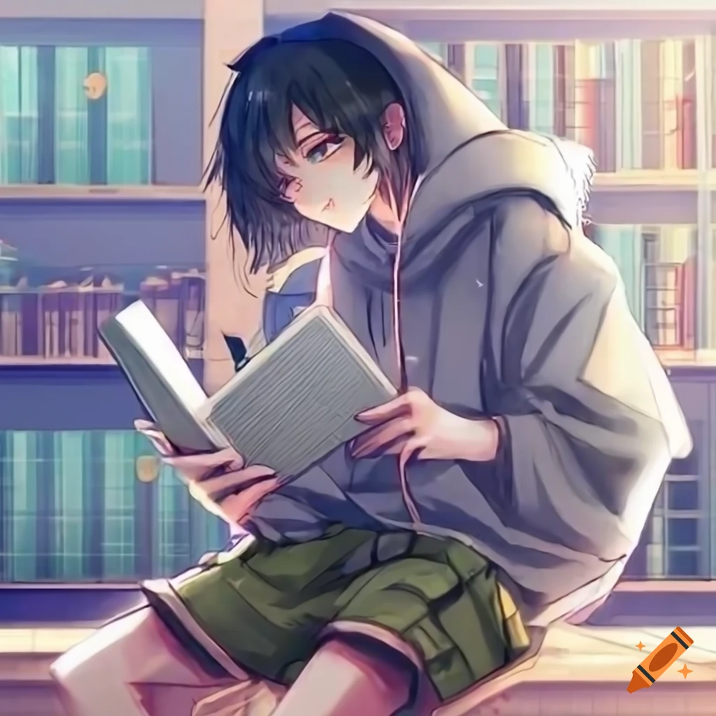 Anime girl with purple hair reading a book on Craiyon