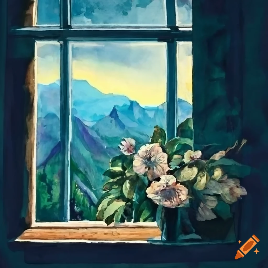 Water color painting of flowers in a vase in a window on Craiyon