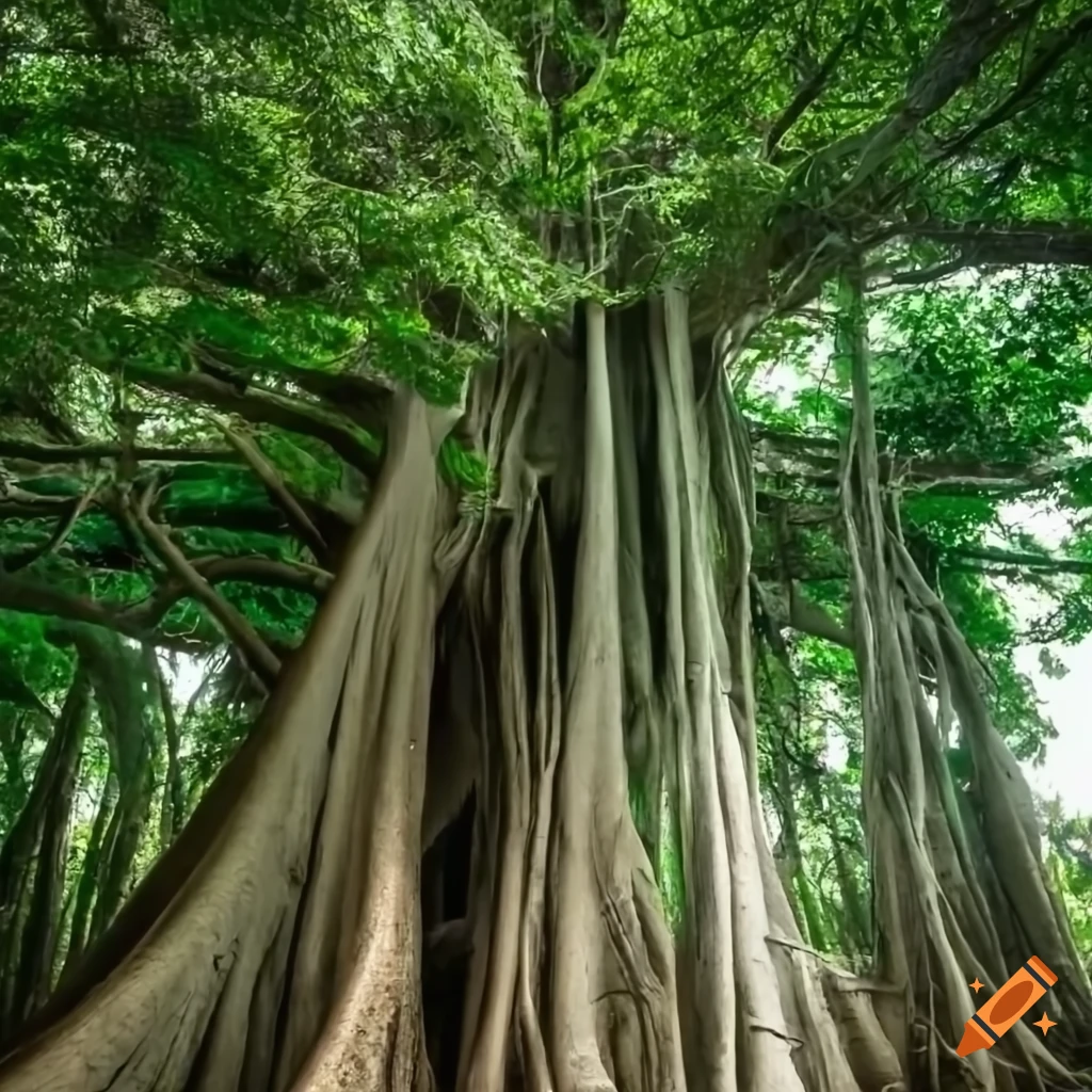 Tall banyan tree in a lush forest