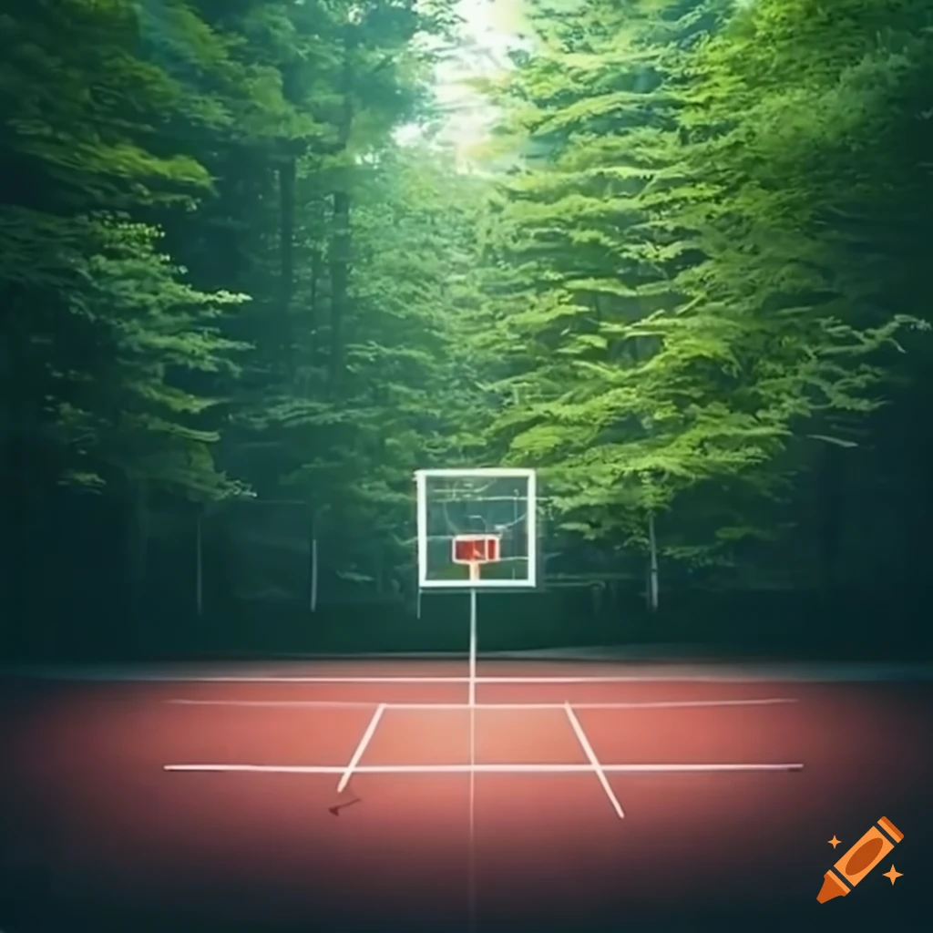 Basketball court in the middle of a forest on Craiyon