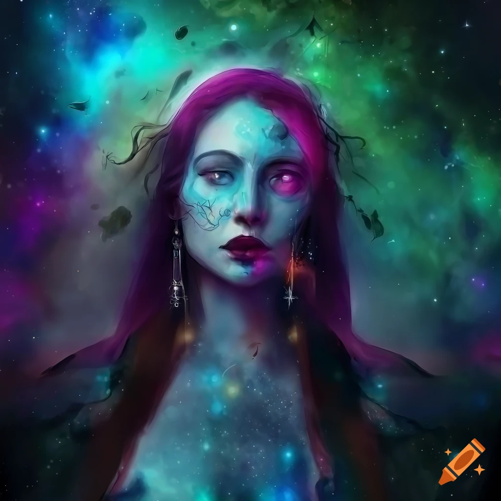 A beautiful priestess in a magical forest with a nebula background