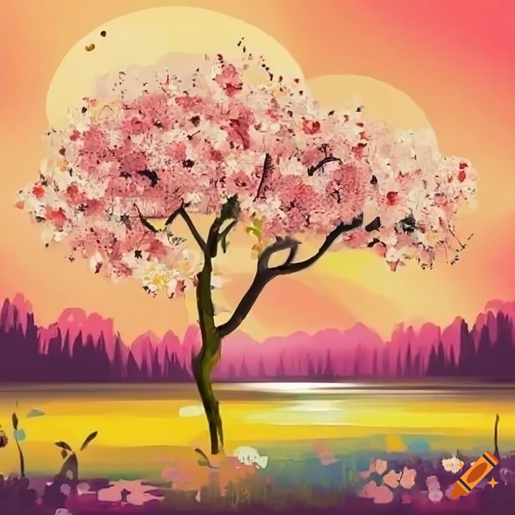 A cherry blossoms tree in a meadow by a crystal clear lake at sunset ...