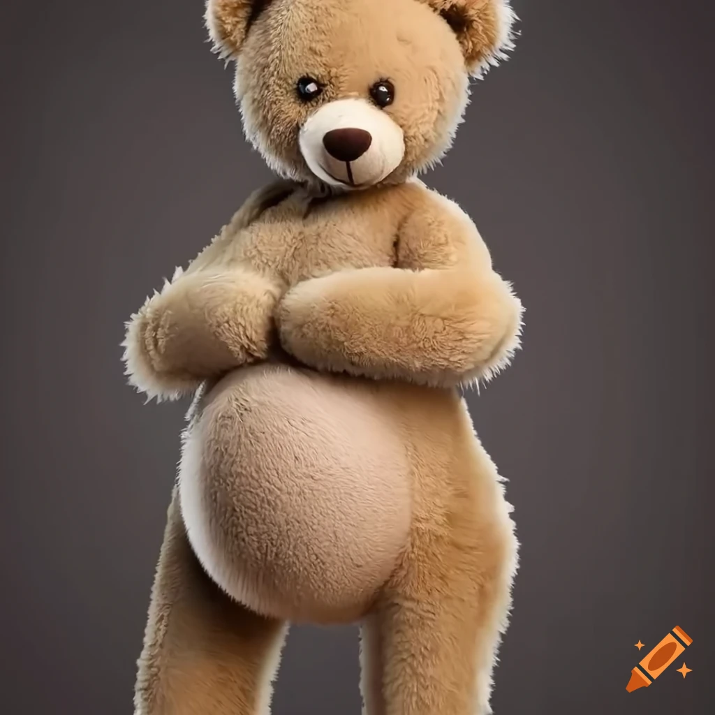 Realistic standing living tan female teddy bear with a furry arm