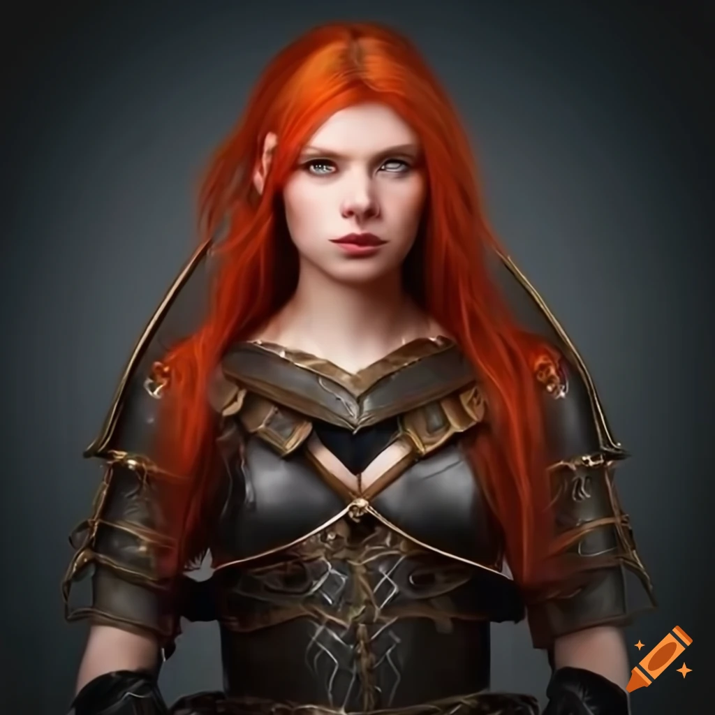 Beautiful young elf woman with long red hair in black leather armor ...