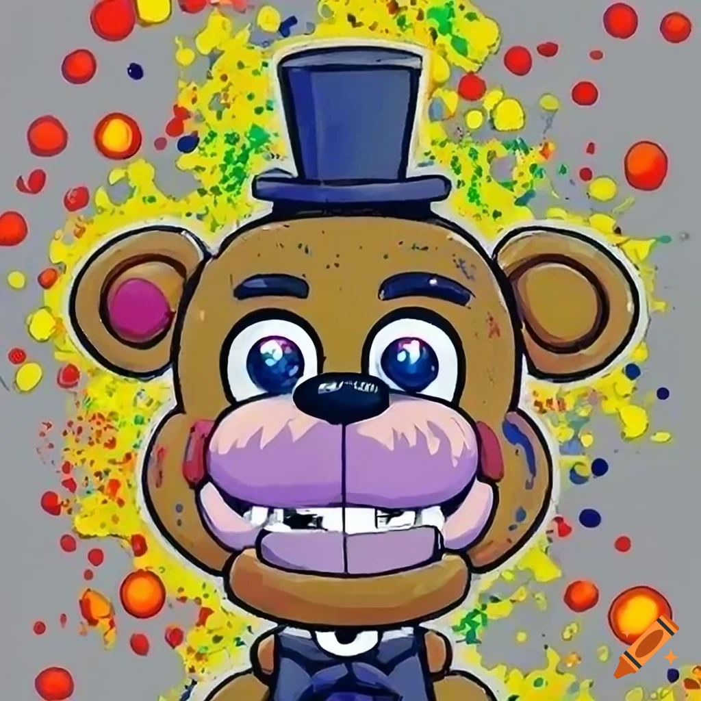 Digital, very vibrant, 2d, vintage 1980's japanese anime, up close head and  shoulder shot of, fnaf, chibi and adorable chica the chicken as colorful  paint splatter art, with a gray backdrop, high