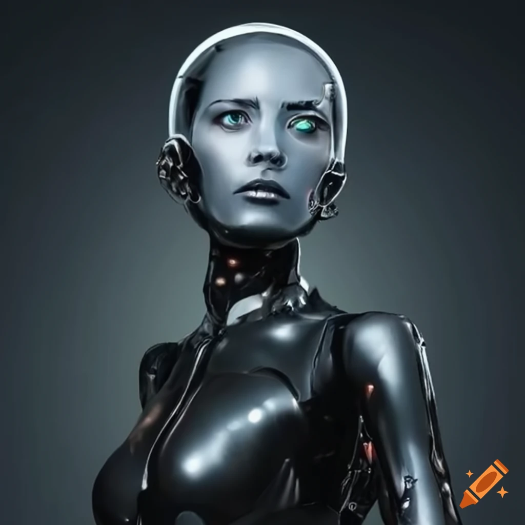 Transparent female robot wearing black rubber suit