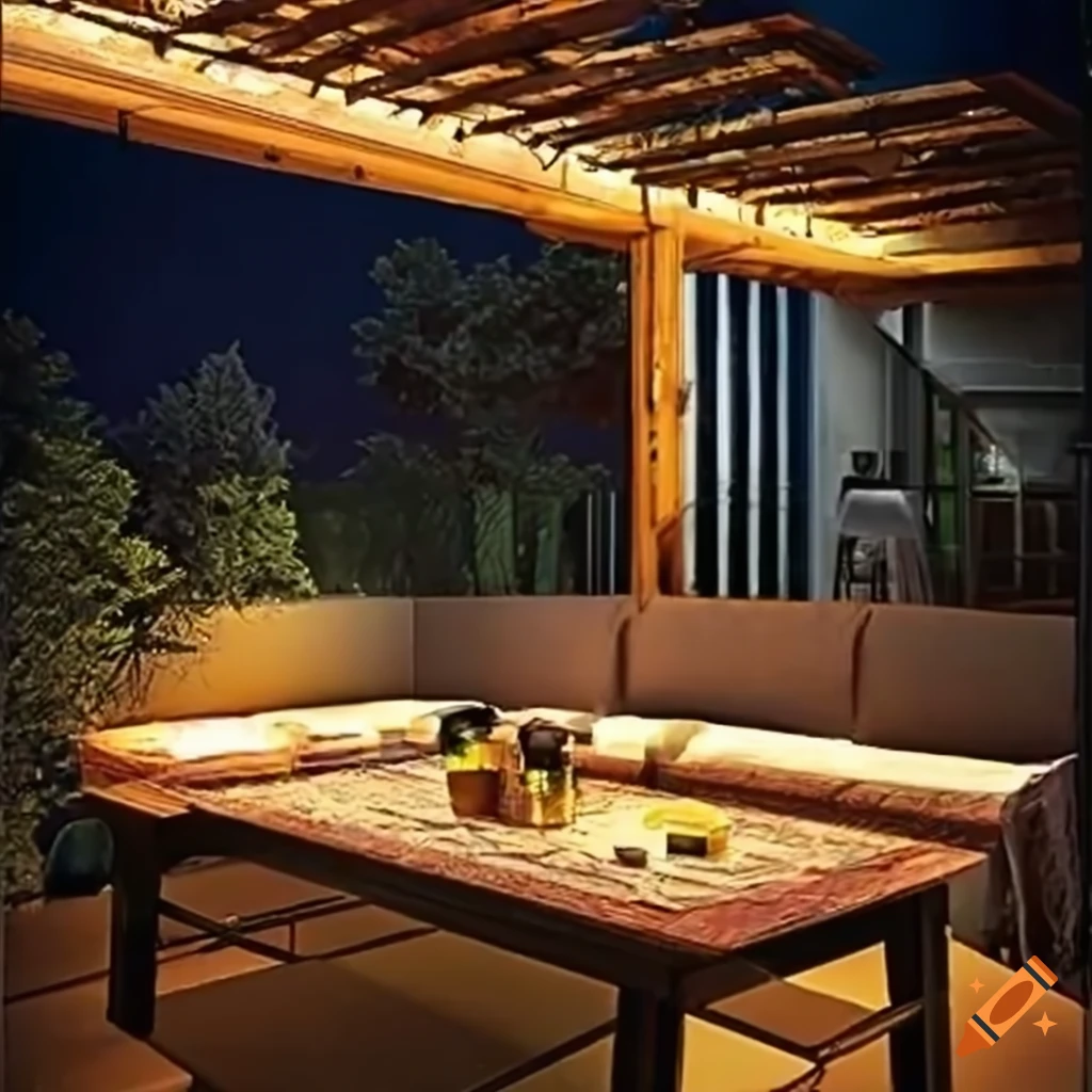 terraza de 16 metros cuadrados , rodeado con muro de metro y medio en ladrillo y un vidrio rompe vientos de 60cm, piso cerámica gris, pinos y bambús alrededor, sillas de exterior con mesa de centro, techo desplegable, luces cálidas