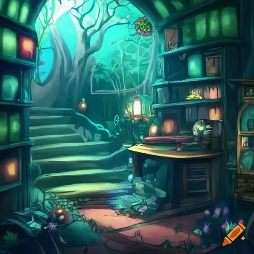 Detailed digital illustration anime house tree magic room