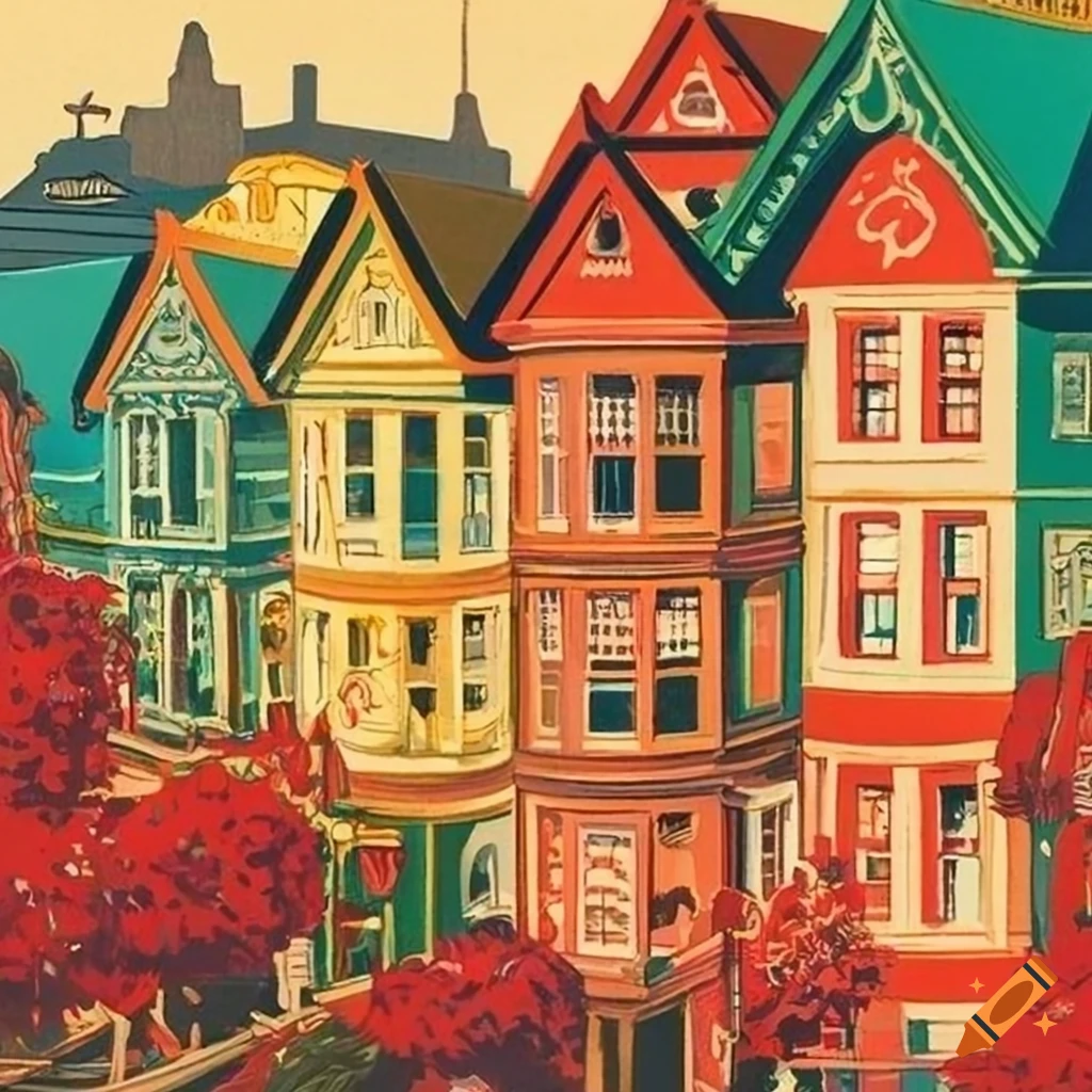 Painted ladies, san francisco. nostalgic vintage screenprinted travel