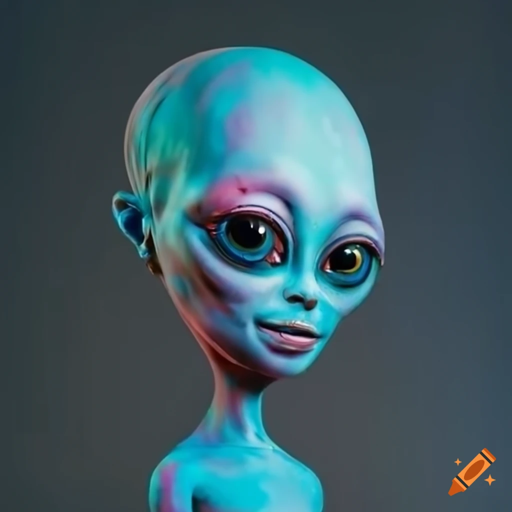 Colorful smiling alien with big blue eyes in a spaceship