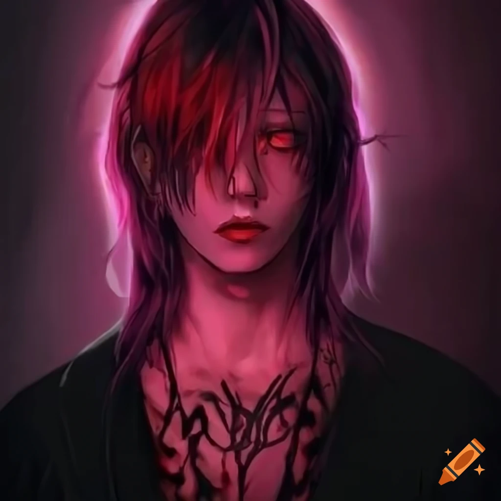 Edgy male anime character with colourful hair and red eyes, dark anime  fantasy