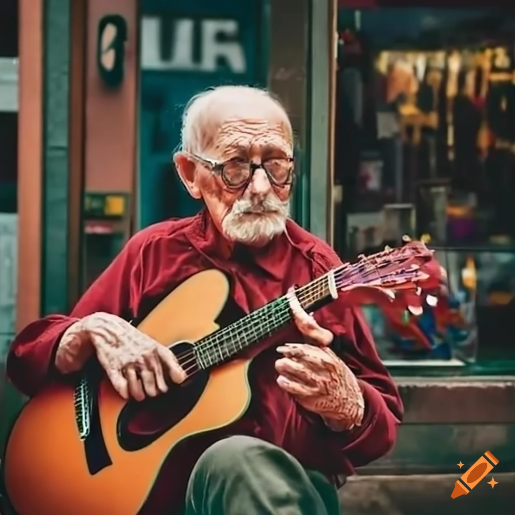 Elderly musician strumming a guitar outside quillin's hardware store on