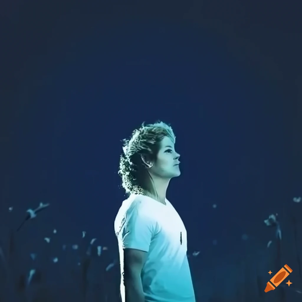 Billy Hargrove standing in meadow, night-time, full moon, bright stars,side view,white t-shirt,profile shot, dark lighting