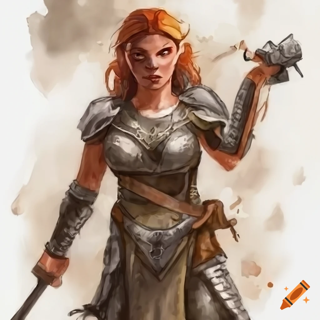 Sturdy and muscular half-elf female fighter, two tone medium