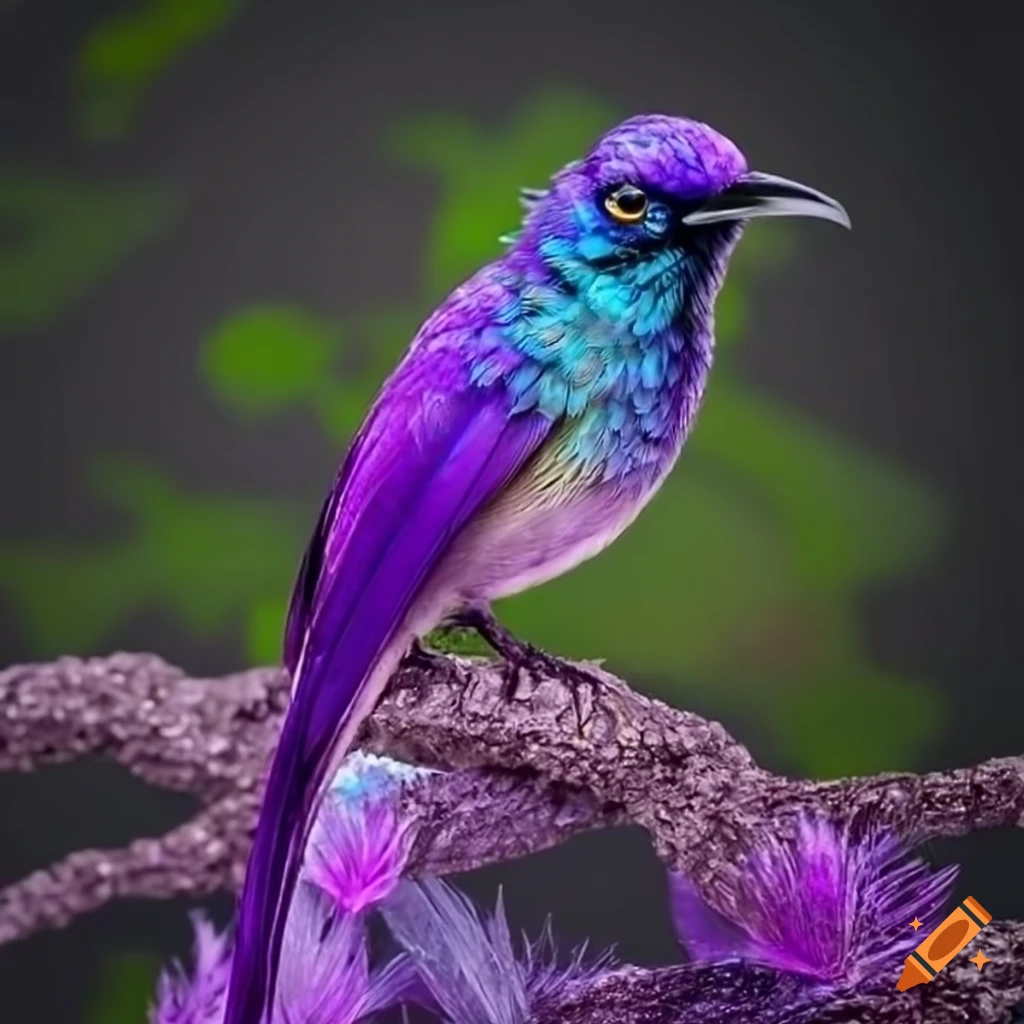 Purple bird with gem feathers perched in a crystal tree on Craiyon