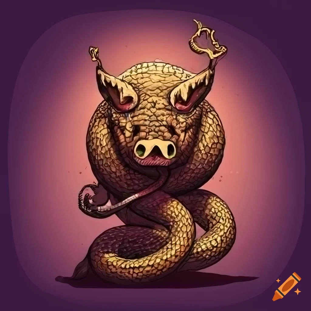 Ancient ilustration style A gigantic monster, hybrid between a pig and ...