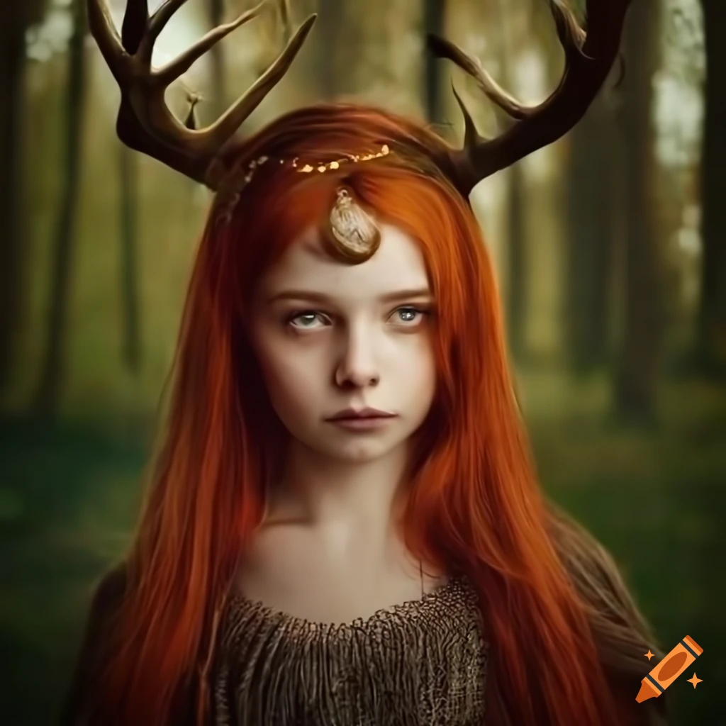 Red haired girl in forest with antlers, fantasy, moody lighting