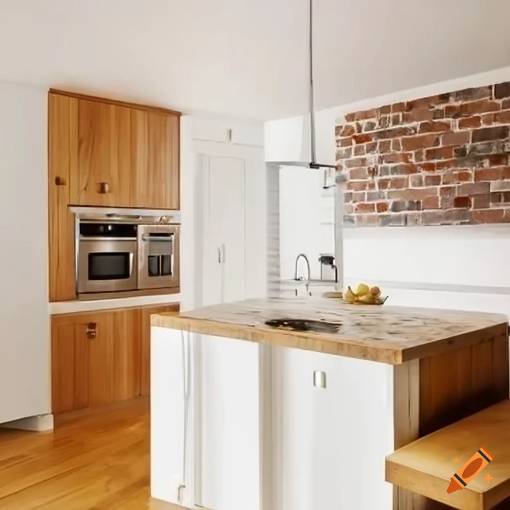 Make the realistic interiorlight white walls with brick cladding on one ...