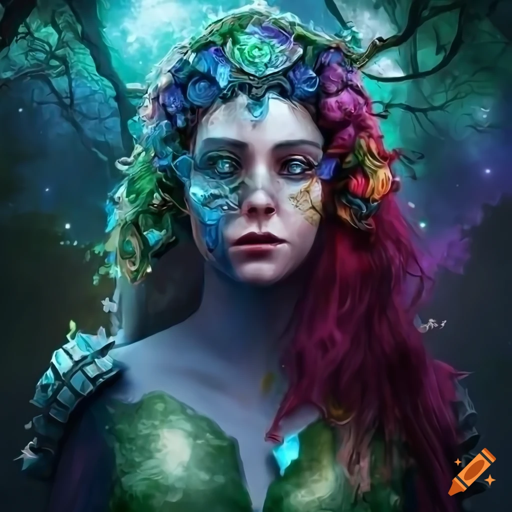 Mother earth in armor, a beautiful women face in nature surrounded ...