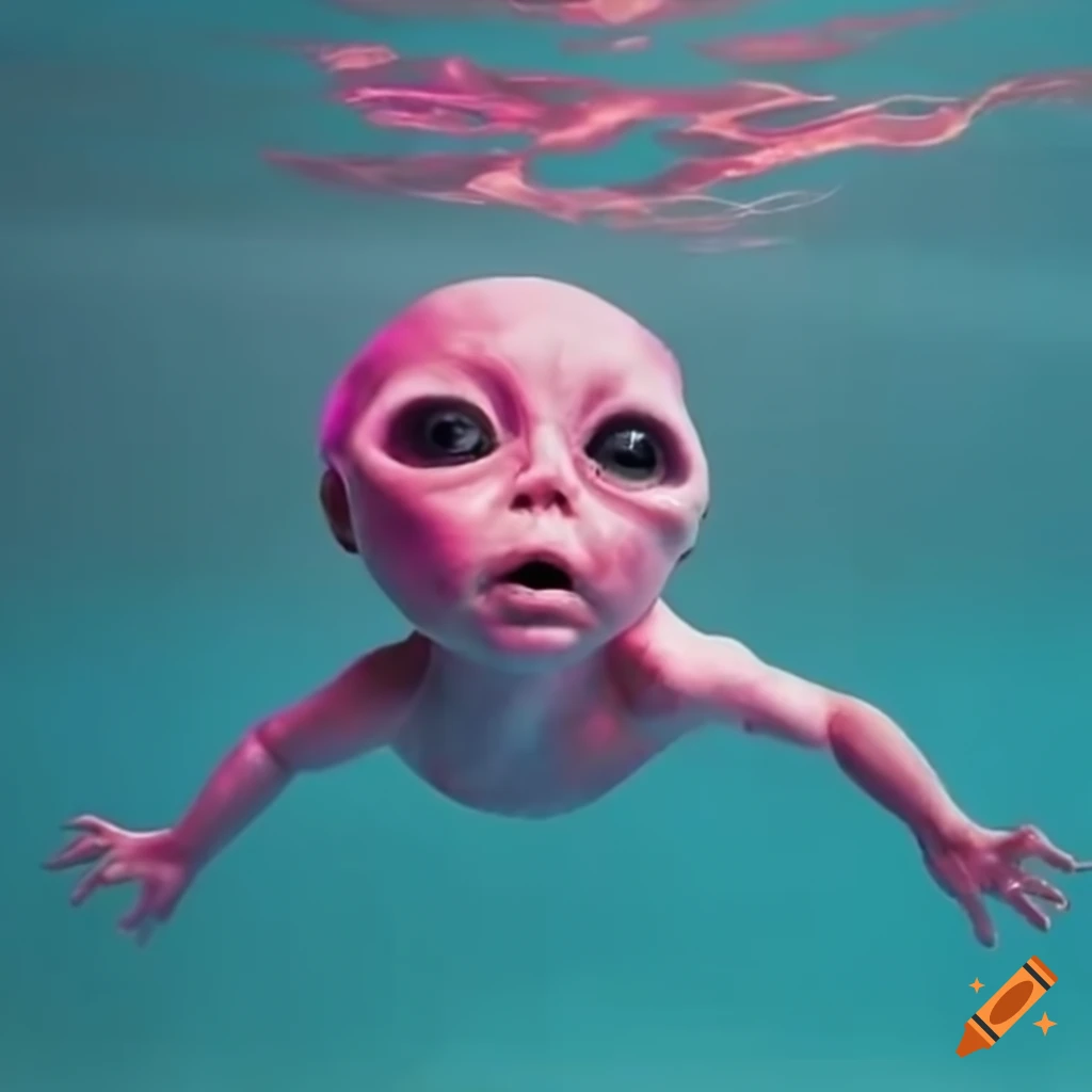 Pink baby alien swimming underwater in blue pool like nirvana's ...