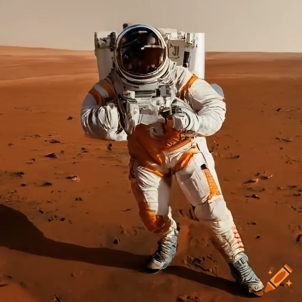 Realistic 4k martian astronaut with martian dust stains on visor and suit,  photorealistic lighting and reflections, realistic martian environment  landscape and sky, medium shot on Craiyon