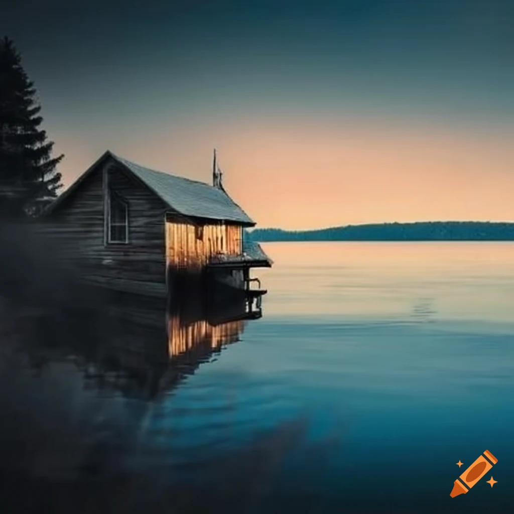 Peaceful cabin by a lake with sailboat on Craiyon