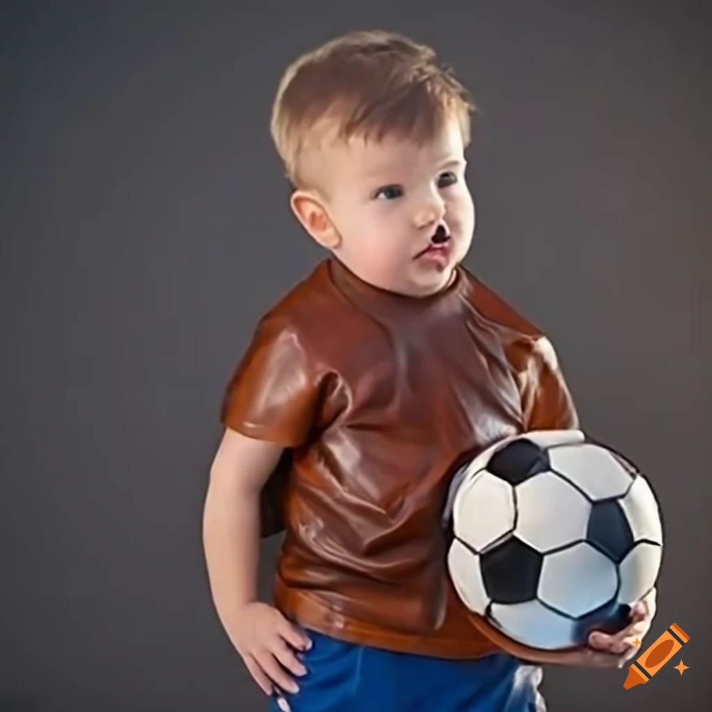 Russian toddler boy in lose fitting thick leather soccer shirt and lose