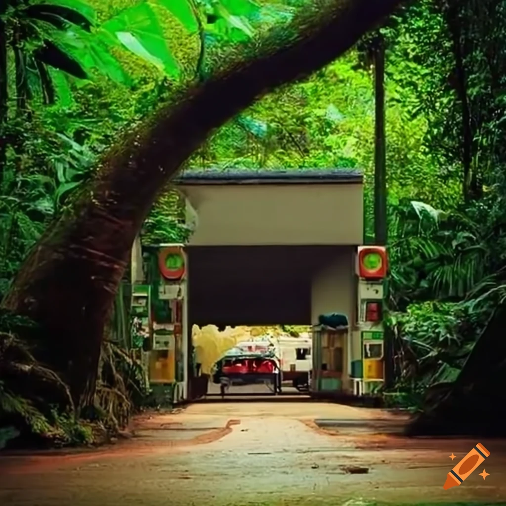 Gas station entrance in the middle of the amazon rainforest