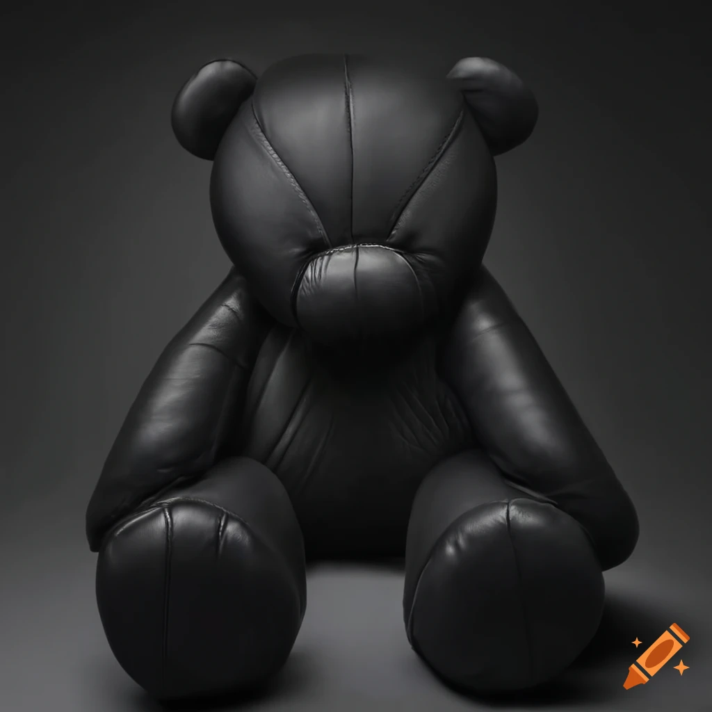 Big teddy bear made of black padded leather looking mean on Craiyon