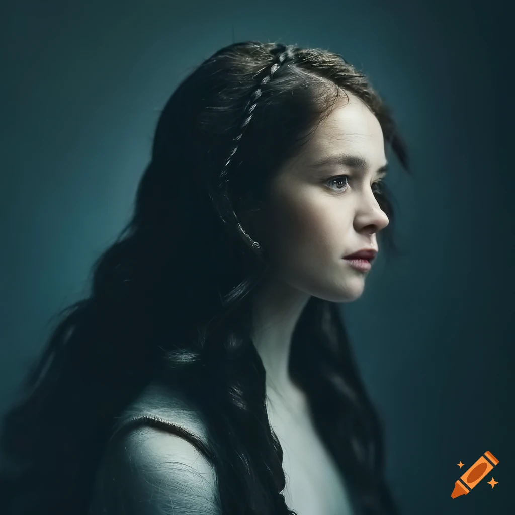 A cute pale woman with long dark brown braided hair, 200mm lens