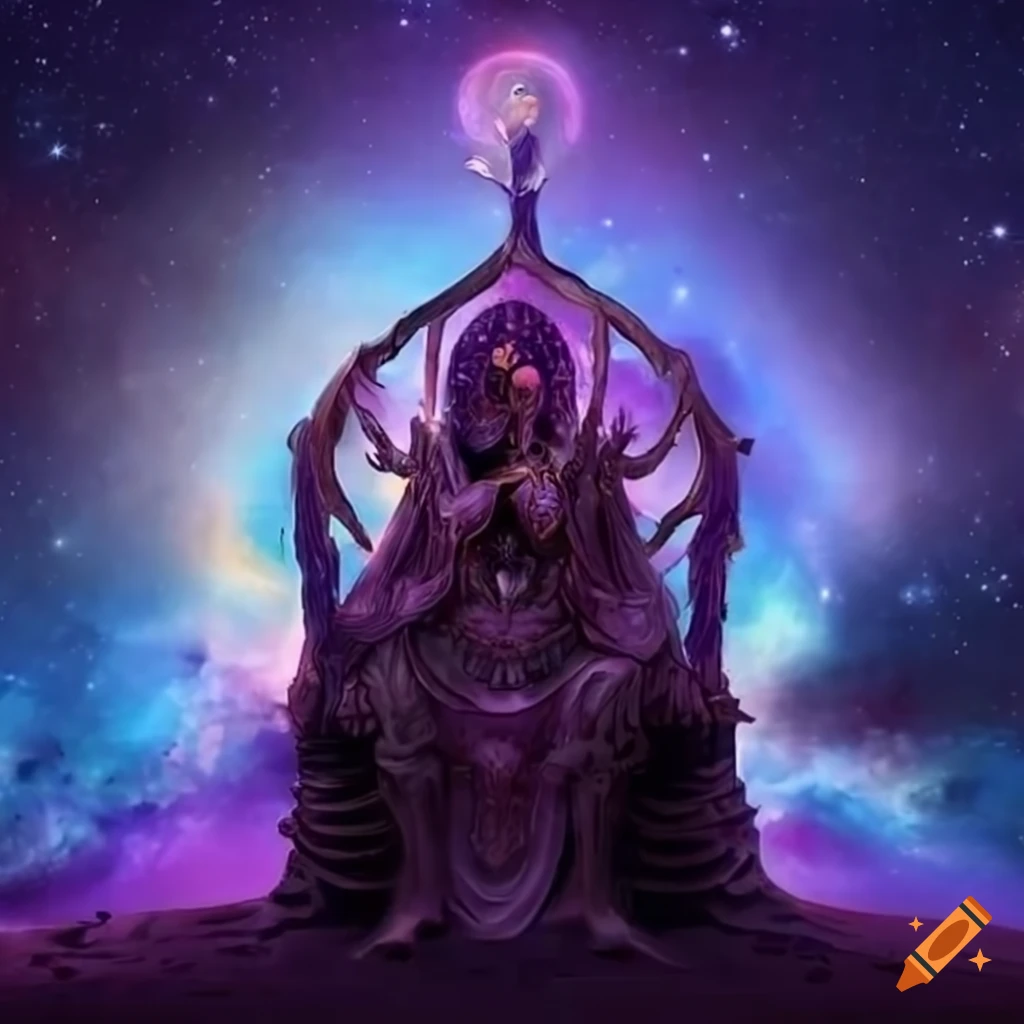 Astral deity on celestial throne in a cosmic desert landscape on Craiyon