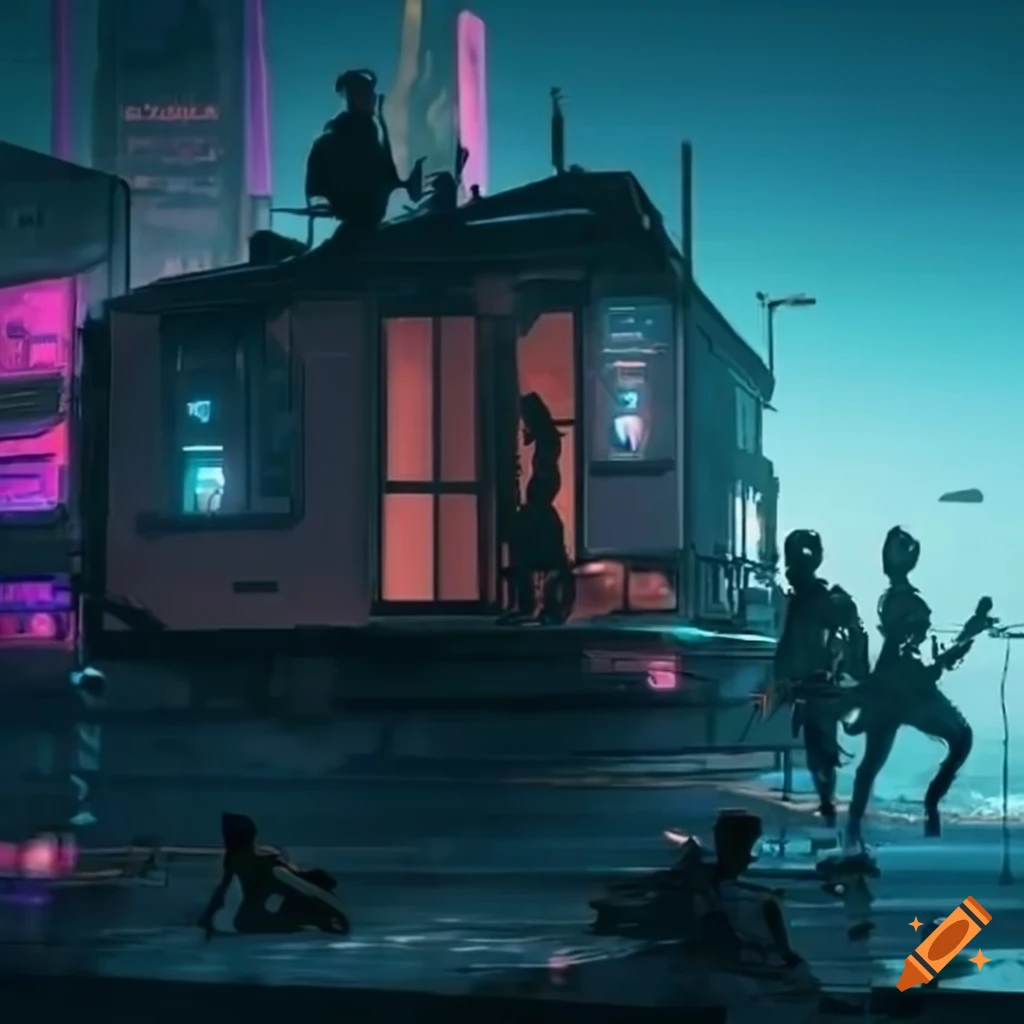 Cyberpunk mobile home with multiple shadowrunners riding on top of