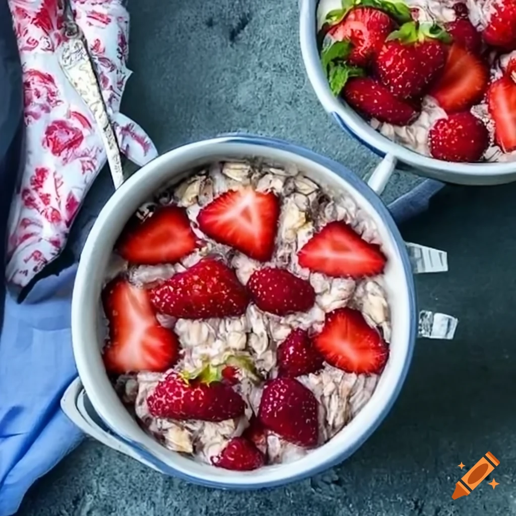 Oatmeal topped with strawberries, and a cup of yogurt