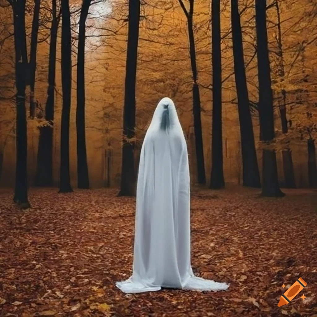 Classic bedsheet ghost standing in an autumn forest on Craiyon