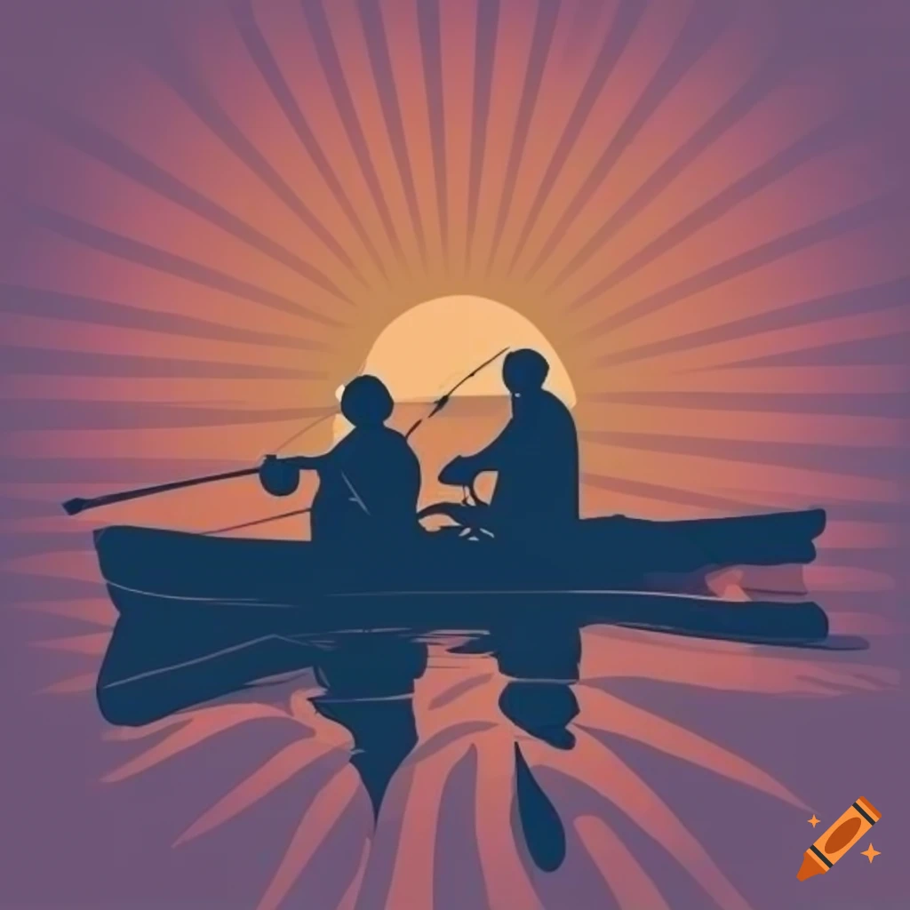 Vector retro sunset with kayak fishing silhouette in foreground on