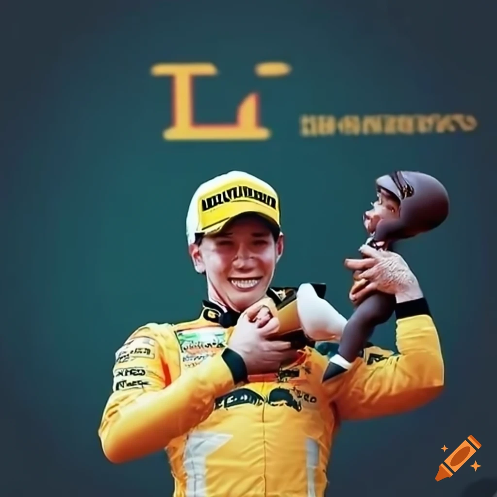 F1 driver on podium holding baby on Craiyon