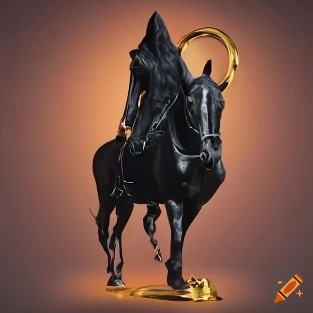 Hooded black rider on a horse holding a levitating gold ring