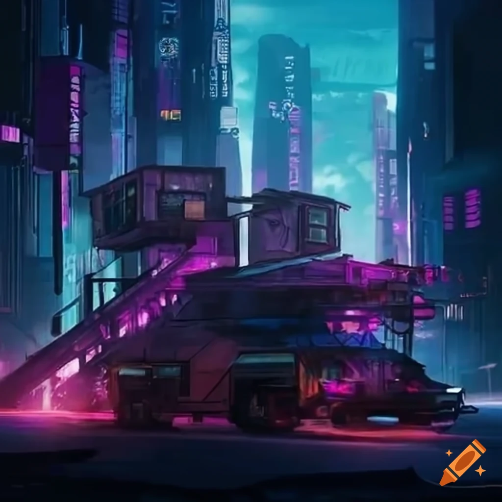 Cyberpunk mobile home with multiple shadowrunners riding on top of