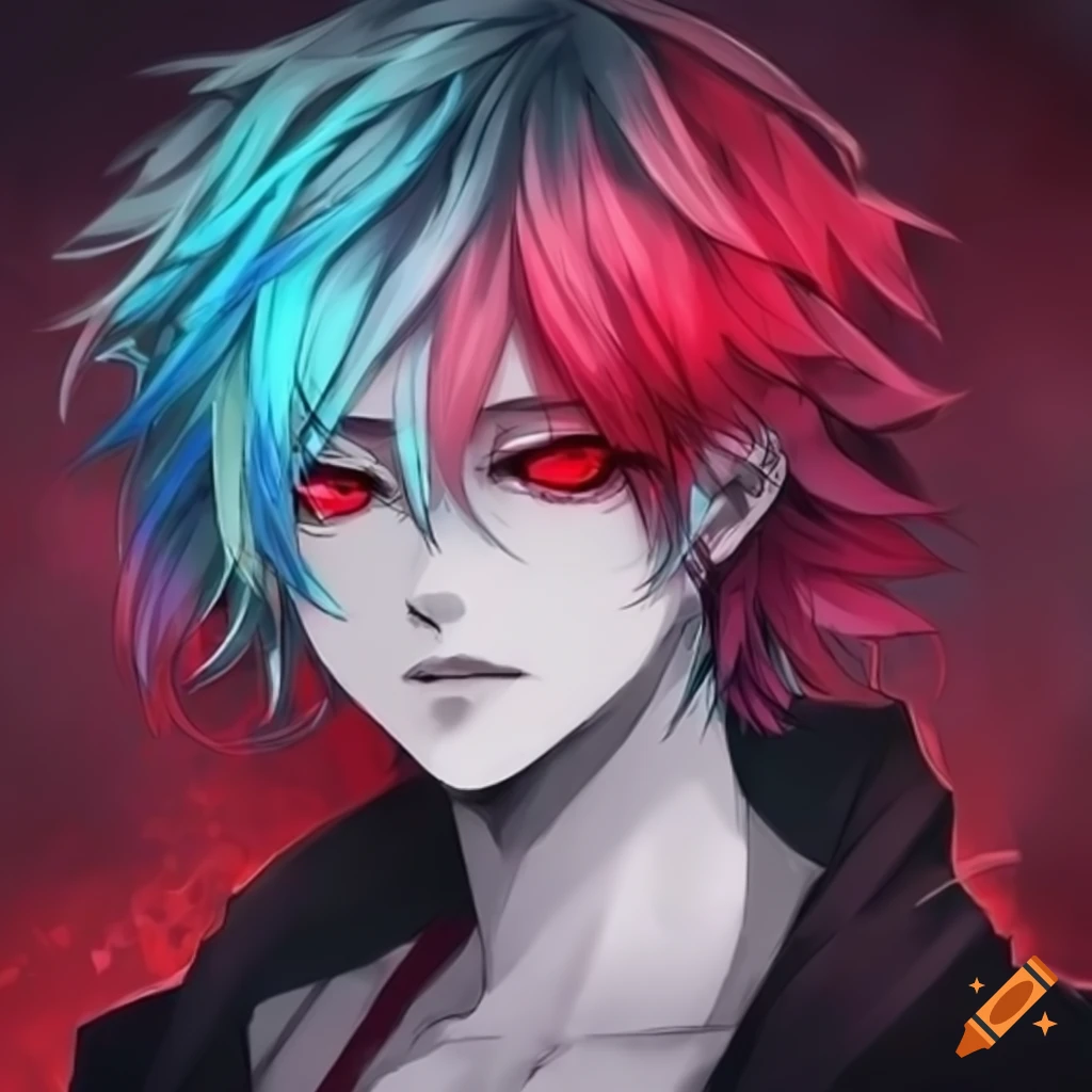 Edgy male anime character with colourful hair and red eyes, dark anime  fantasy