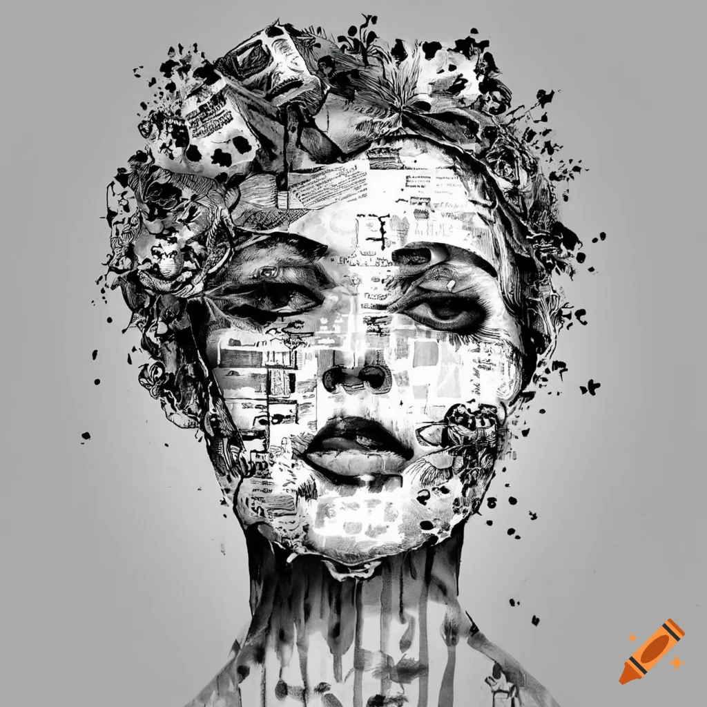 Woman's made up of newspaper print decoupage art style black and white