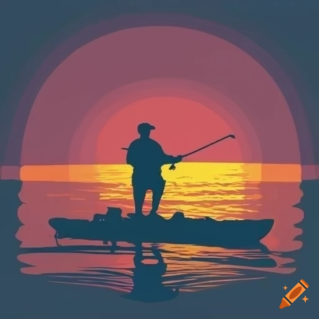 Vector retro sunset with kayak fishing silhouette in foreground on Craiyon